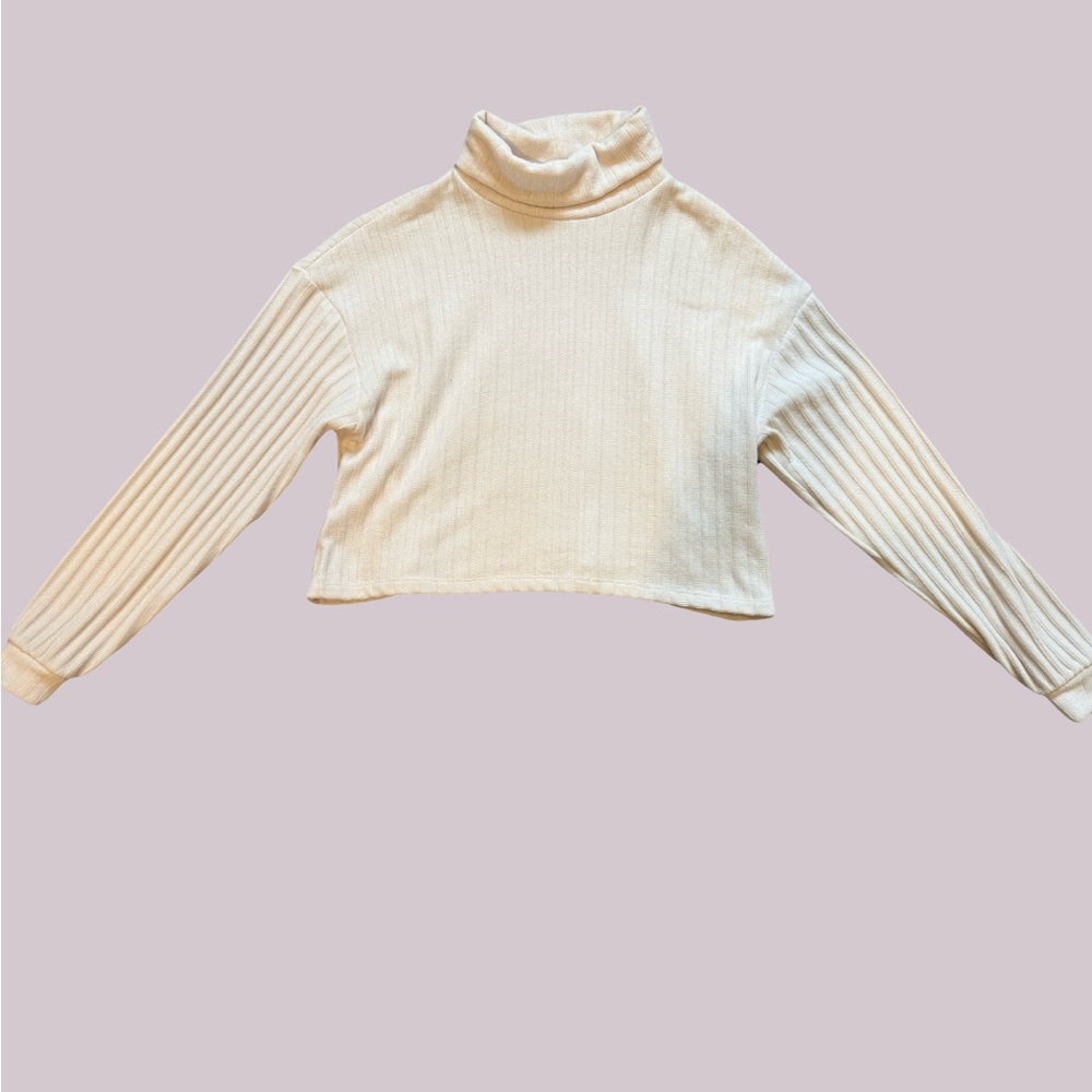 Cream Turtleneck Ribbed Sweater